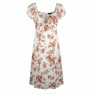 Women's XS White Floral Milkmaid Cap Sleeve Dress Tie Front Smocked Midi Dress‎